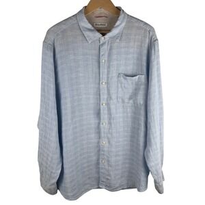 Tommy Bahama Mens XXL Ventana Plaid Linen Shirt Light Blue Long Sleeve Beach 2XL